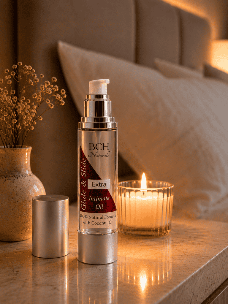 Slide & Slide Pleasure oil intimate oil on a bedside with a burning candle relaxing bedroom