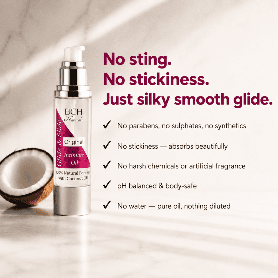 Intimate Lubricant No sting, no stickiness, just silky smooth glide. No parabens, no sulphates, no synthetics, no harsh chemicals, absorbs beautifully, no harsh chemicals no artificial fragrance