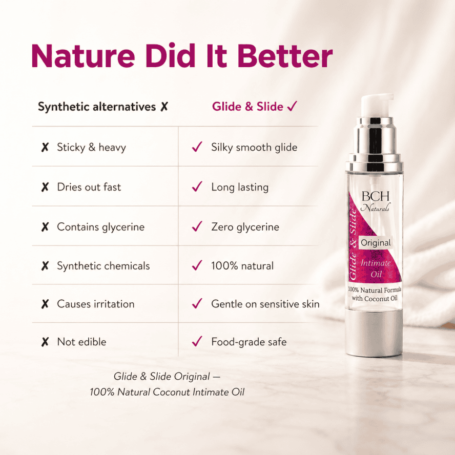 Nature did it better Comparison Synthetics vs Glide & slide, Silky smooth glide, long lasting, zero glycerine, 100% natural gentle on sensitive skin, food grade safe