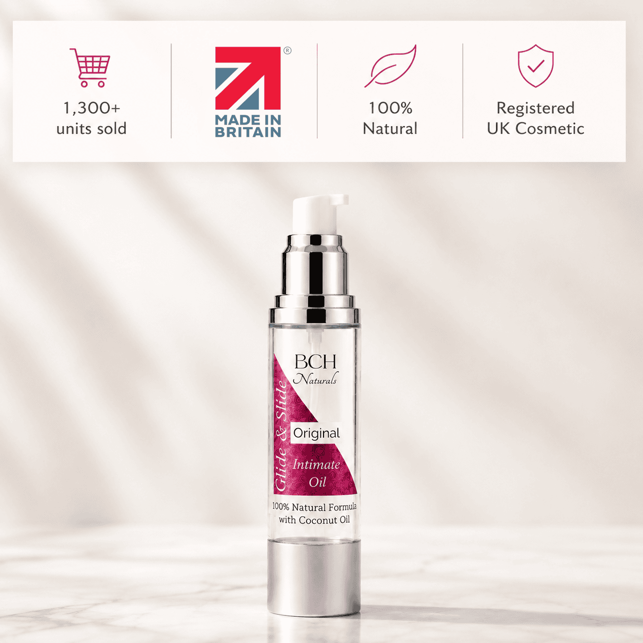 Slide & Glide Original Lubricant with icons for Made In Britain, Vegan Ingredients, 1300+ sales