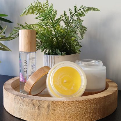 Organic CocoSoy candles in frosted glass jars on a bamboo tray, styled with a green plant for a natural, calming spa vibe