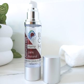 BCH Naturals Hemp Intimate Glide & Slide 50ml lubricant in a silver airless pump bottle, displayed on a spa-style white background