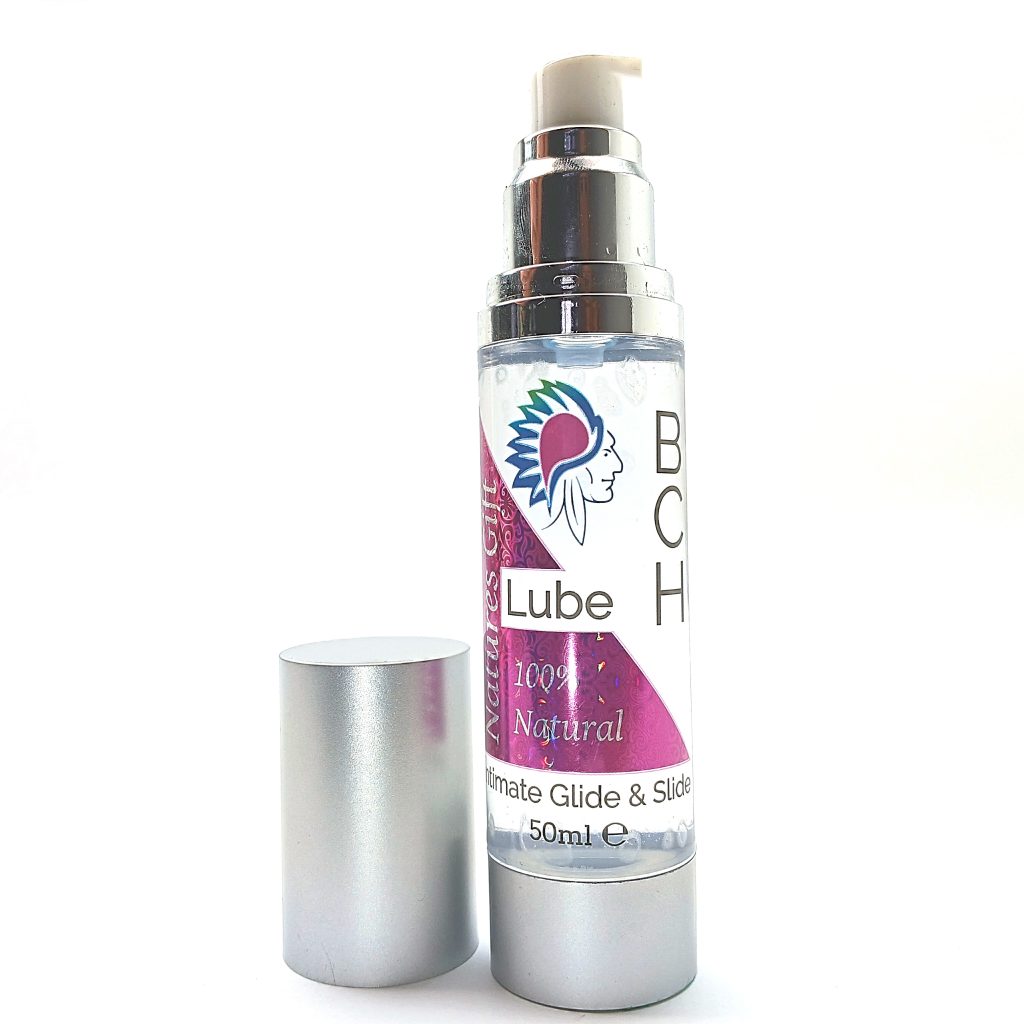 Open bottle of BCH Naturals Coconut Intimate Lube with lid off on a clean white background, showcasing its smooth, natural formula.