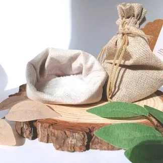 Bath Salts in a Hemp Sack one open one tied on a slice of wood