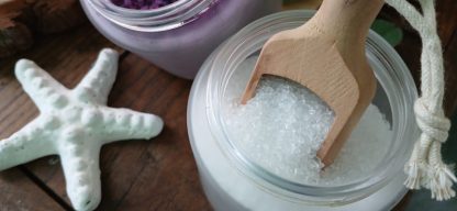 Bath Salts in a jar, purple and white salts with a white star fish