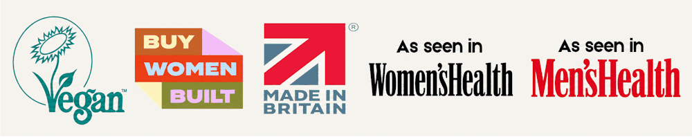 Certified Vegan Society, Buy Women Built Members, Made in Britain Members, As Featured in Womens Health Magazine logos