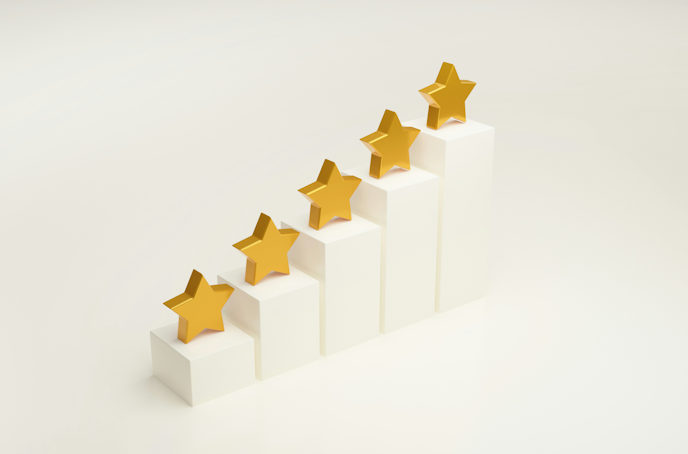 Five gold stars displayed on ascending white blocks, symbolising top-rated reviews and excellent customer satisfaction