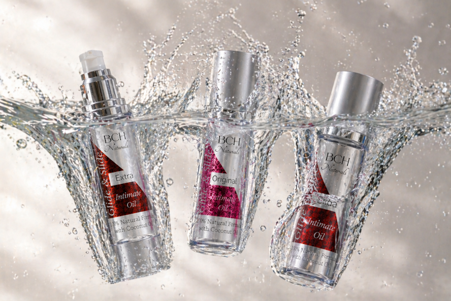 Vegan Slide & Glide Pleasure Oils splashing in water
