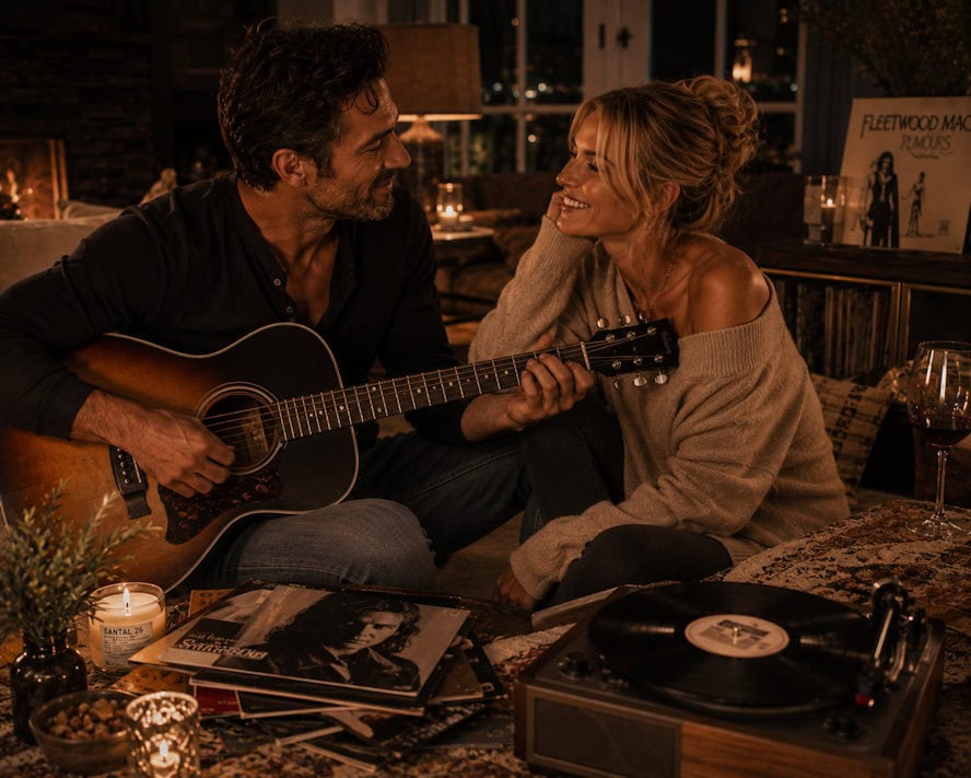 couple sharing music night man playing guitar for a woman candle light