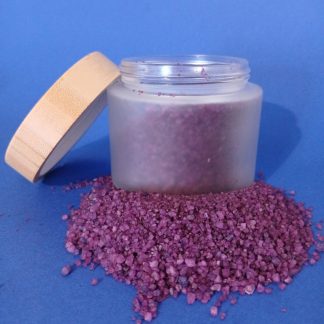 Sea Salt Bath Soak Patchouli, Orange & Jasmine in Frosted Glass 200g Jar with a bamboo lid on blue background – BCH Naturals