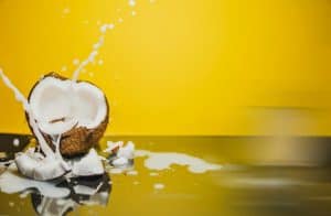 Coconut smashed with milk flying out of it on a bright background