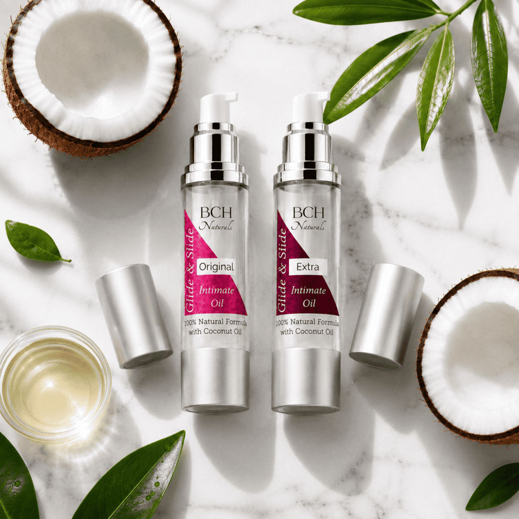 Glide & Slide coconut pleasure oil with coconuts & oil with green leaves
