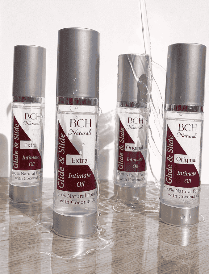 Vegan Slide & Glide Pleasure Oils, Intimate Lubricant splashing in Oil