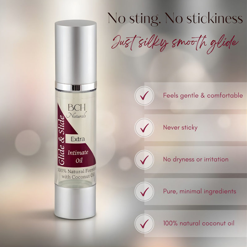 BCH Naturals Glide & Slide Extra natural coconut intimate oil — the skin-kind alternative to baby oil as a lubricant