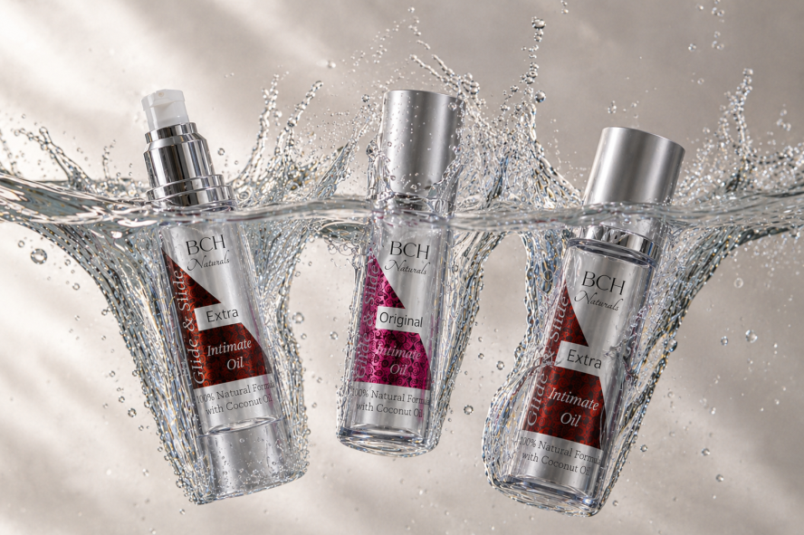 Original Glide & Slide & Extra Pleasure Oils splashing in intimate Oil