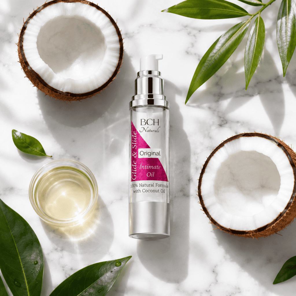 Intimate Oil pleasure oil ingredients, pure coconut oil two coconut halves