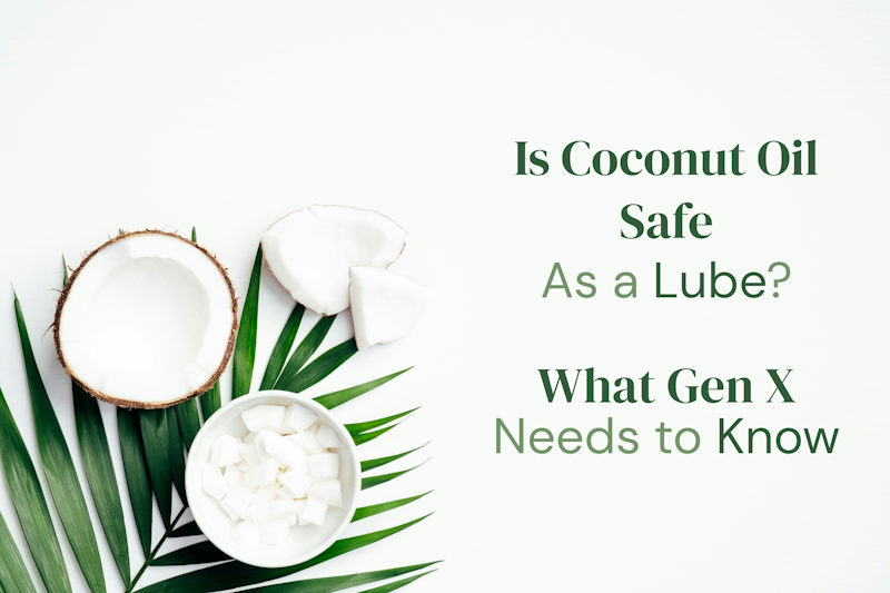 Coconut slices and palm leaves arranged on a white background, used as the header image for an article about whether coconut oil is safe as a lube for Gen X