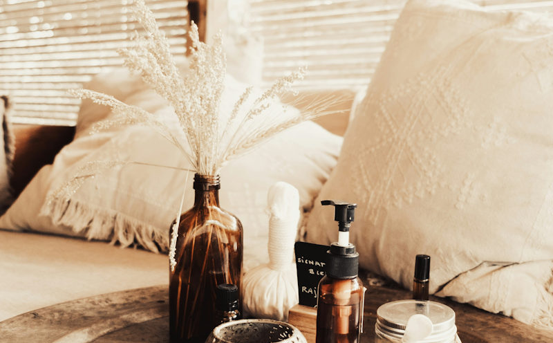 At home massage oils and soft cushions for intimate massage