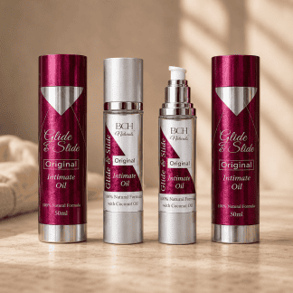 Warm image of Glide & Slide Original Twin Pack – Natural Coconut Lubricant Oil two bottles on a marble slab