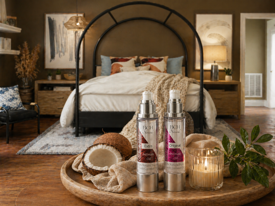 Pleasure oils in a bedroom setting