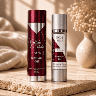 Hemp Seed Oil & Coconut Oil Intimate Oil Glide & Slide Extra on a marble slab