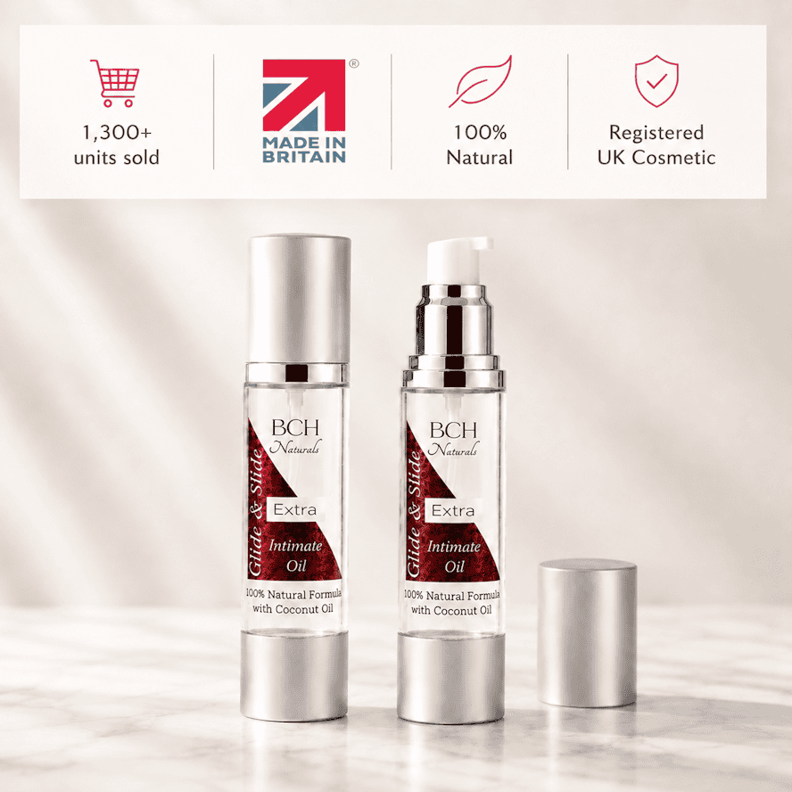 Glide & Slide Pleasure oil made in Britian trademark 100% Vegan Cosmetics Registered