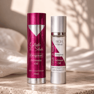 Glide & Slide Original Natural Coconut Lubricant Oil on a marble table