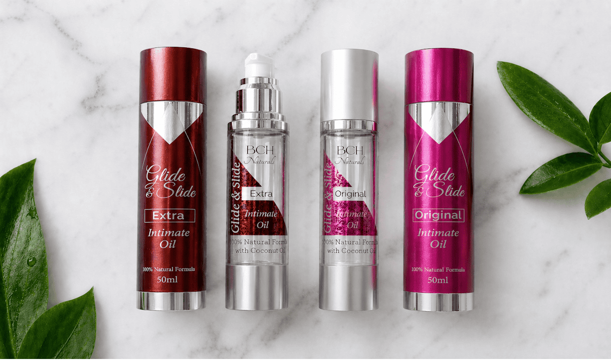 BCH Naturals Glide & Slide Intimate Oils Pleasure Oil Coconut Oil & Hemp seed oil on marble