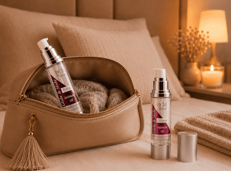 Original & Extra Glide & slide on a soft bed extra in a travel bag and original on a bed