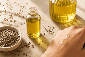 Hemp seed oil surrounded by hemp seeds with hemp seed oil on the back hand, a few drops of oil showing on the skin