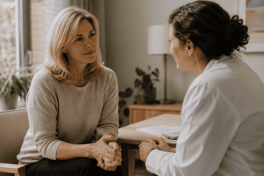 A middle-aged woman sitting across from a female GP in a warm, calm consultation room