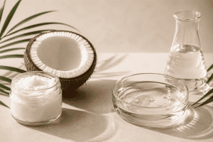 Cold-pressed coconut oil and fractionated coconut oil beside a halved coconut