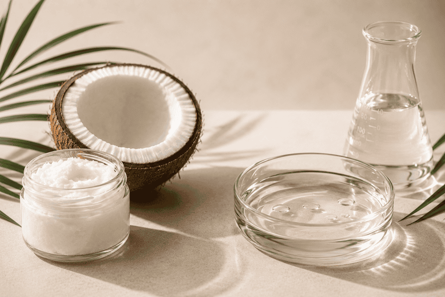 Cold-pressed coconut oil and fractionated coconut oil beside a halved coconut