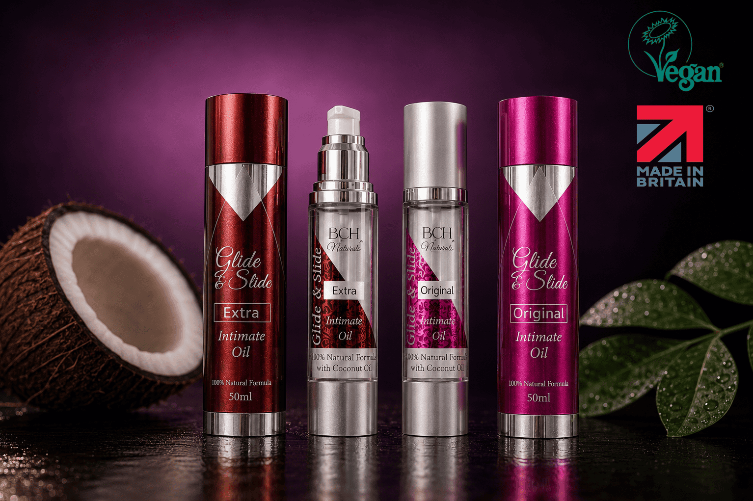 Mens health hero image coconut half, with Glide & Slide Original & Extra with a purple back drop